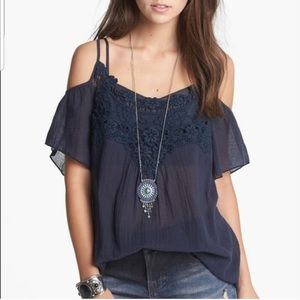 NORDSTROM Rubbish Blue Crochet Cold Shoulder Top